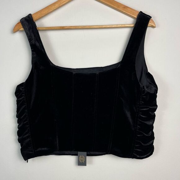 House of Harlow Black Velvet Rushed Corset Crop Top Whimsigoth Grunge Size L NEW - Picture 2 of 9
